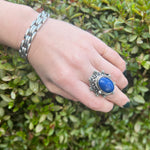 Silver Flower & Lapis Statement Ring with Hidden Compartment