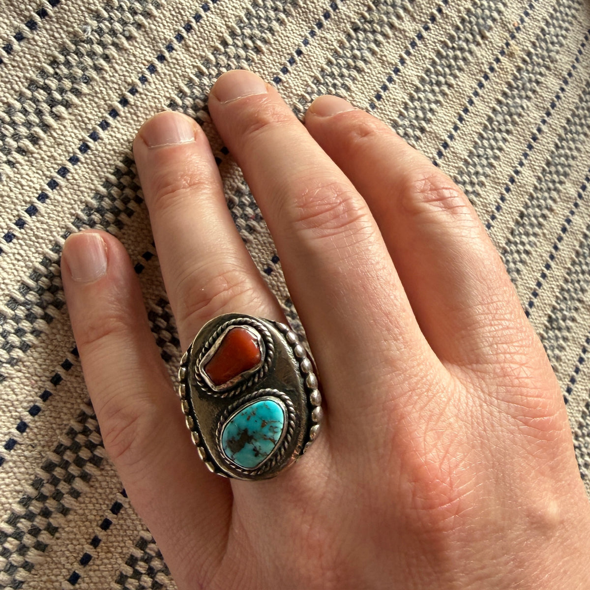 Chunky Coin Silver Signet with Coral & Turquoise