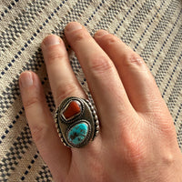 Chunky Coin Silver Signet with Coral & Turquoise