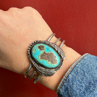 Dramatic Turquoise in Leafy Silver Cuff Bracelet