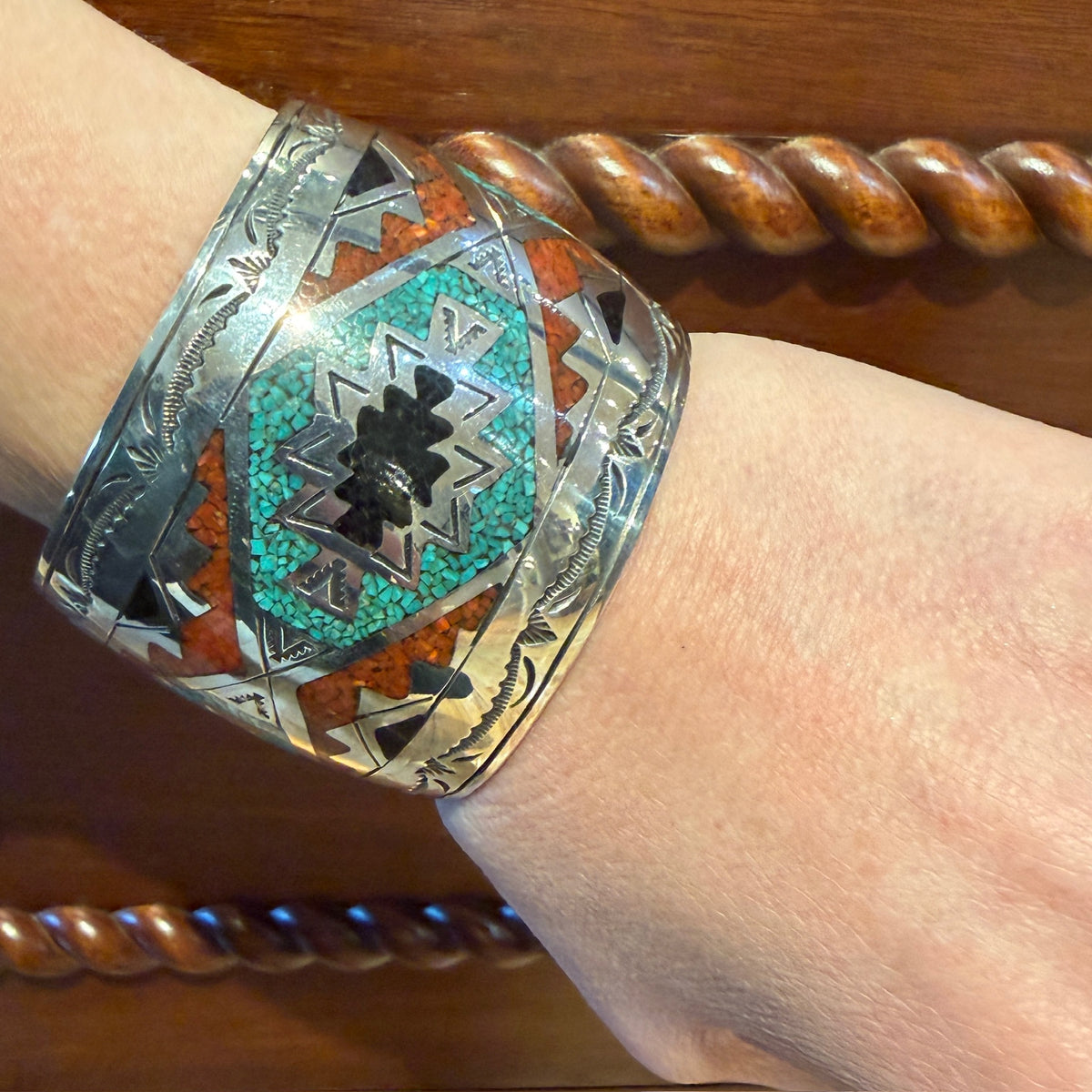 Wide Sterling Silver Cuff bracelet with Colorful Inlay