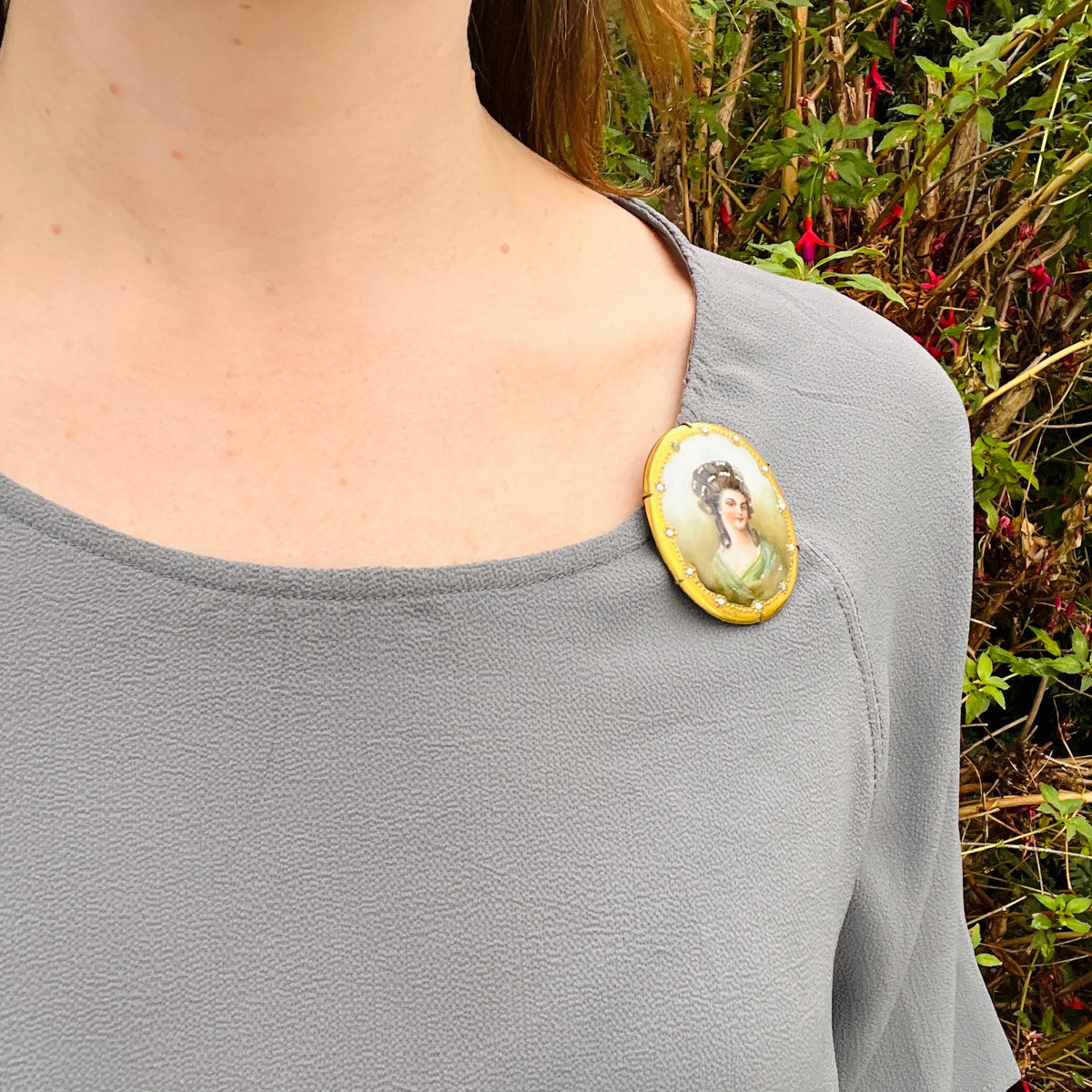 Brunette Beauty Miniature on Porcelain Brooch