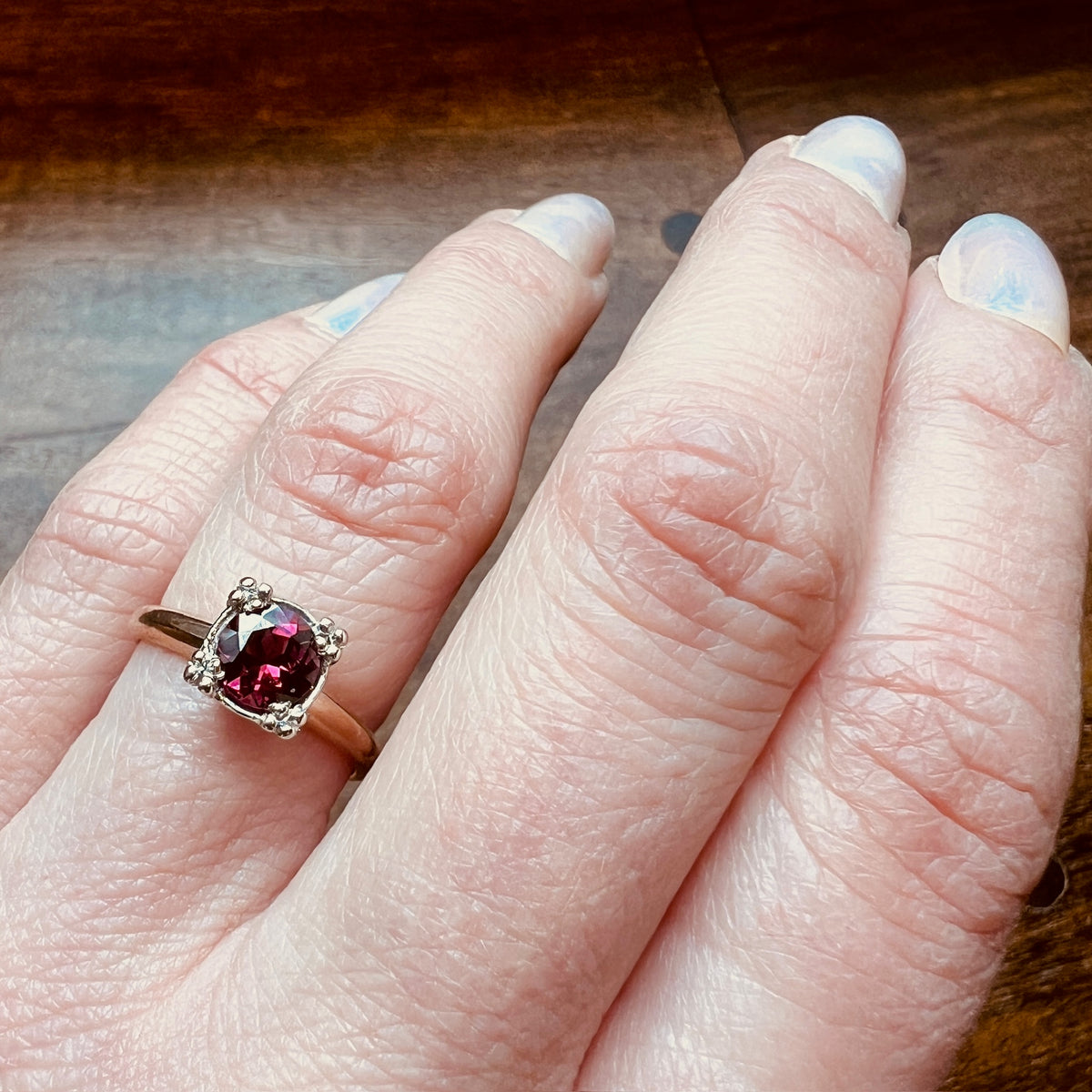 Rhodolite Garnet Solitaire Ring in Two-Tone Gold