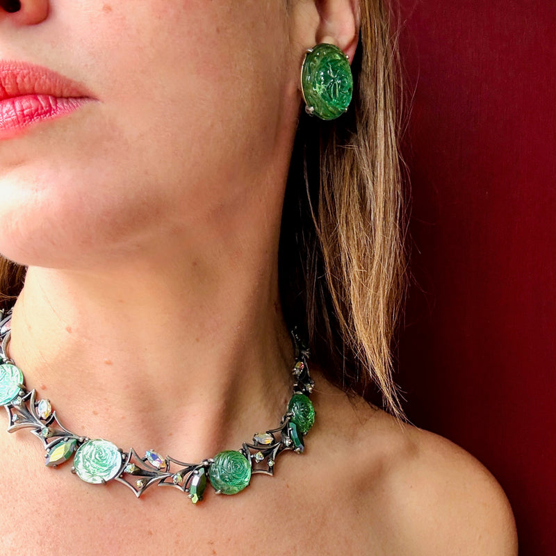 Beguiling Green Rose Necklace & Earring Set by Schiaparelli