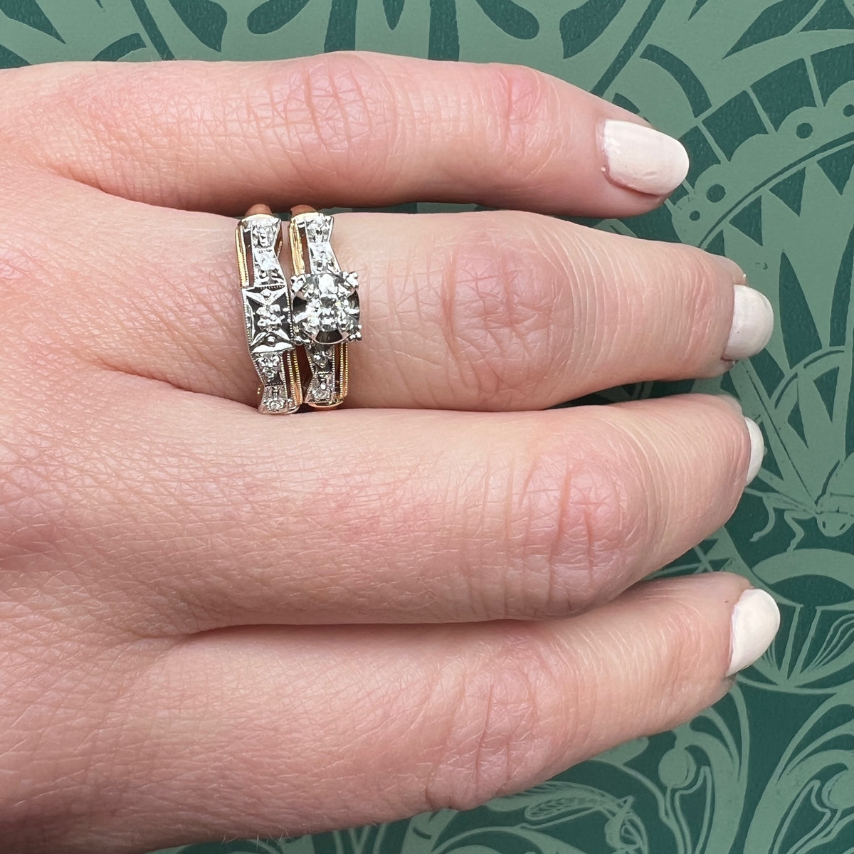 New Old Stock Retro Wedding Set with Old Mine Cut Diamond