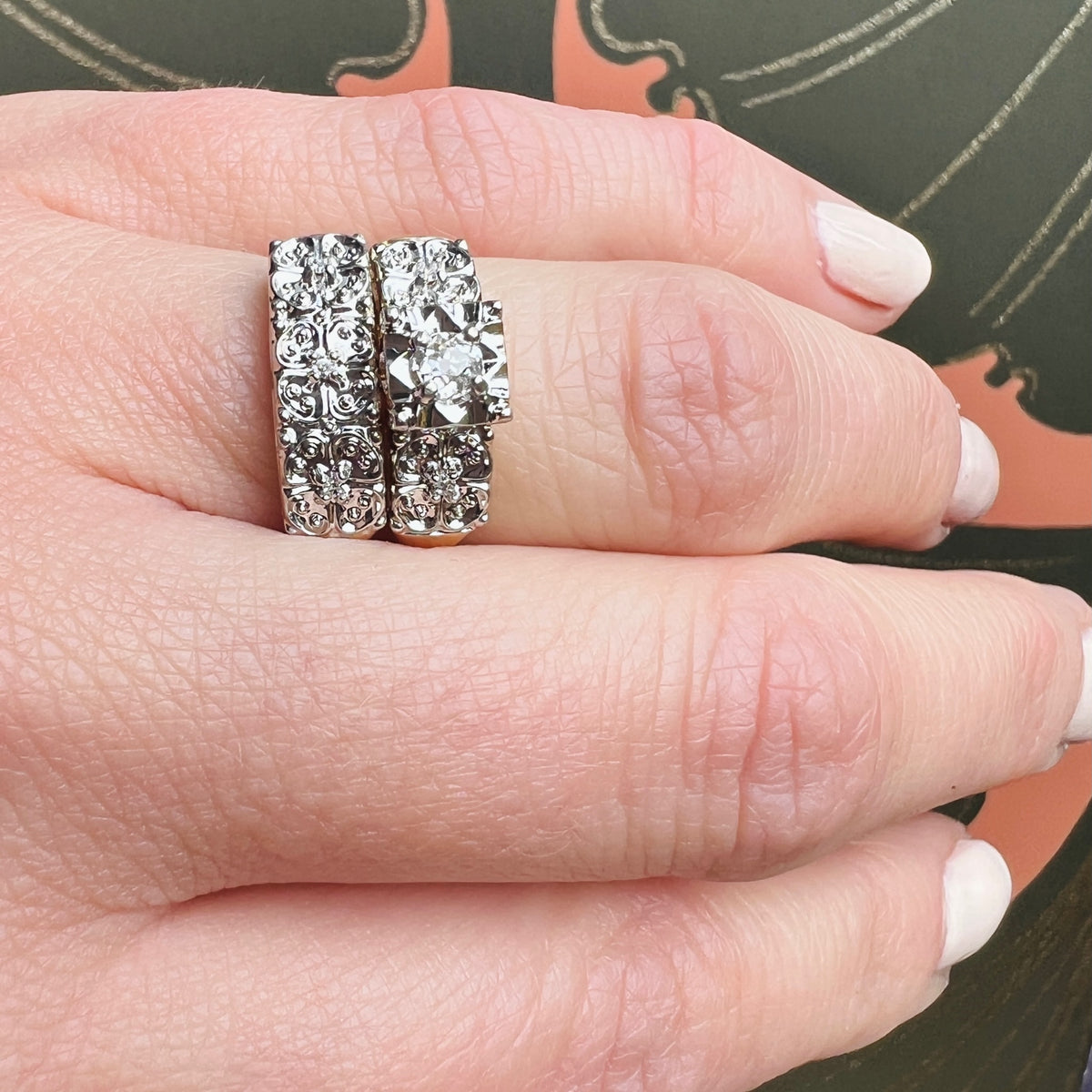 Lucky Clover NOS Old Mine Cut Diamond Two-Tone Gold Wedding Set