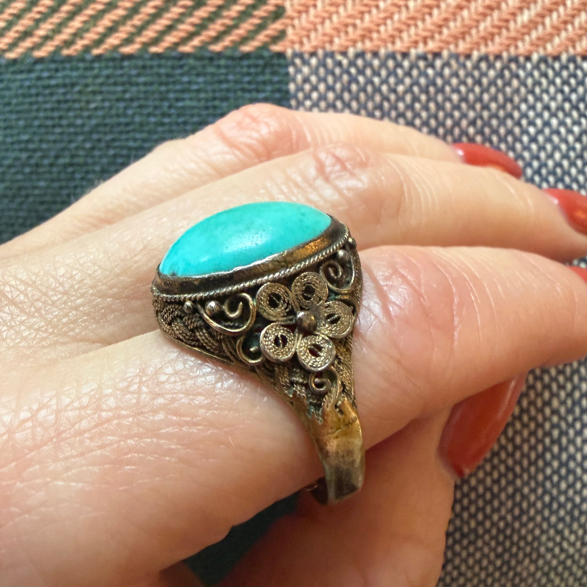 Chinese Turquoise in Silver Gilt Filigree Ring