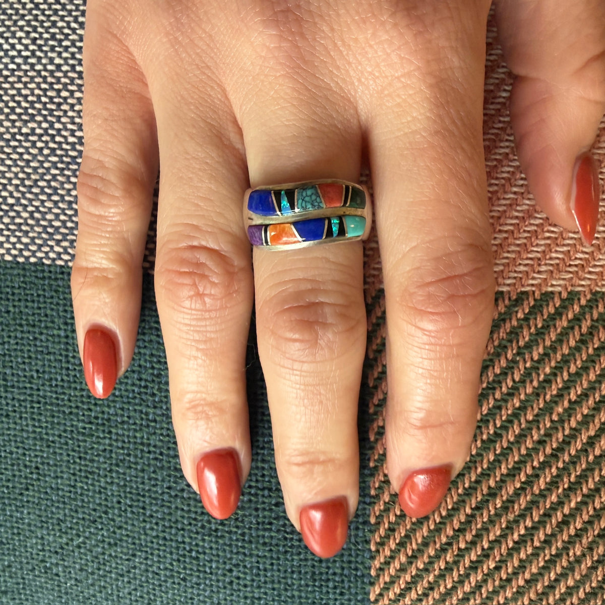 Multi-Stone Inlay Waves Sterling Silver Band