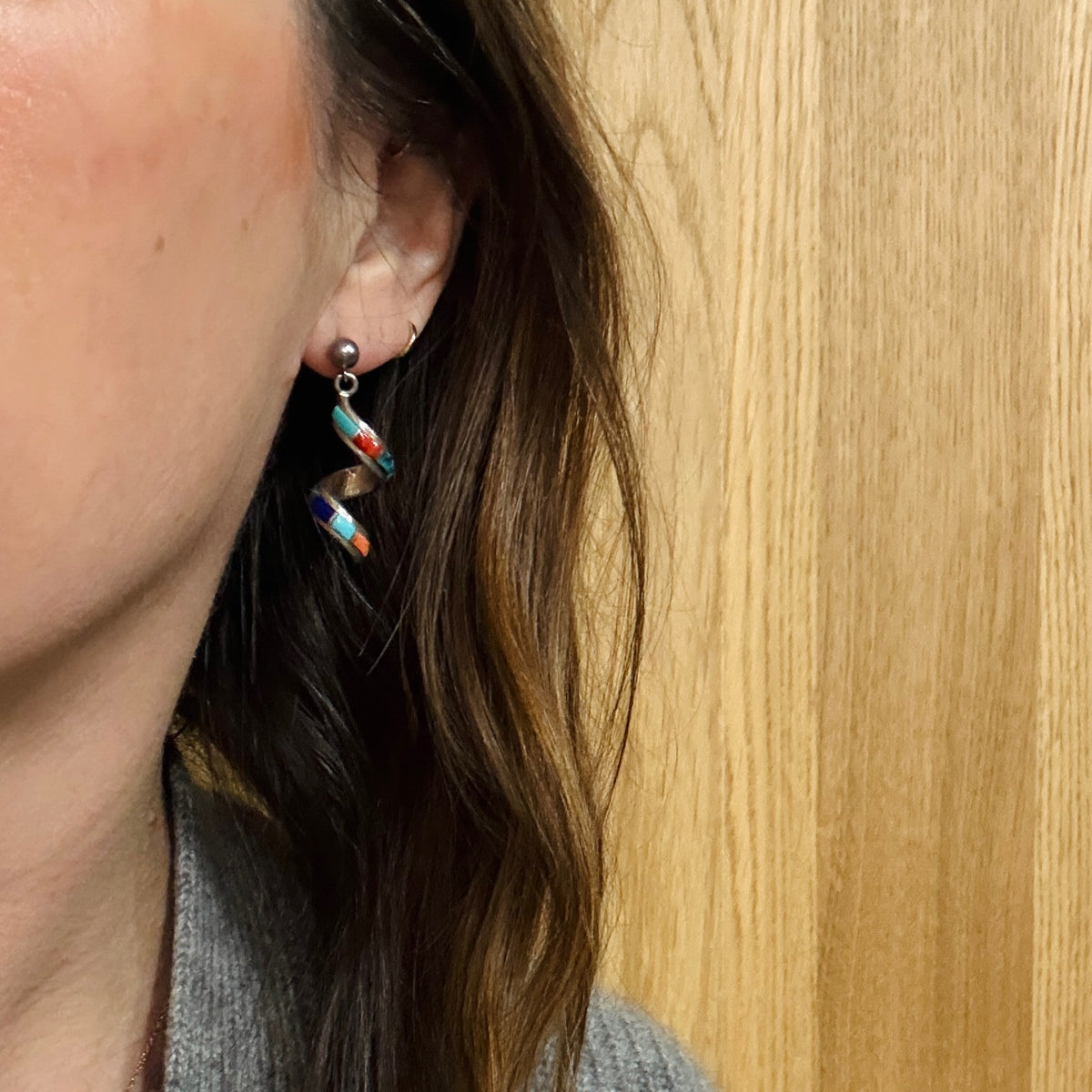 Sterling Silver Spiral Earrings with Colorful Stone Inlay