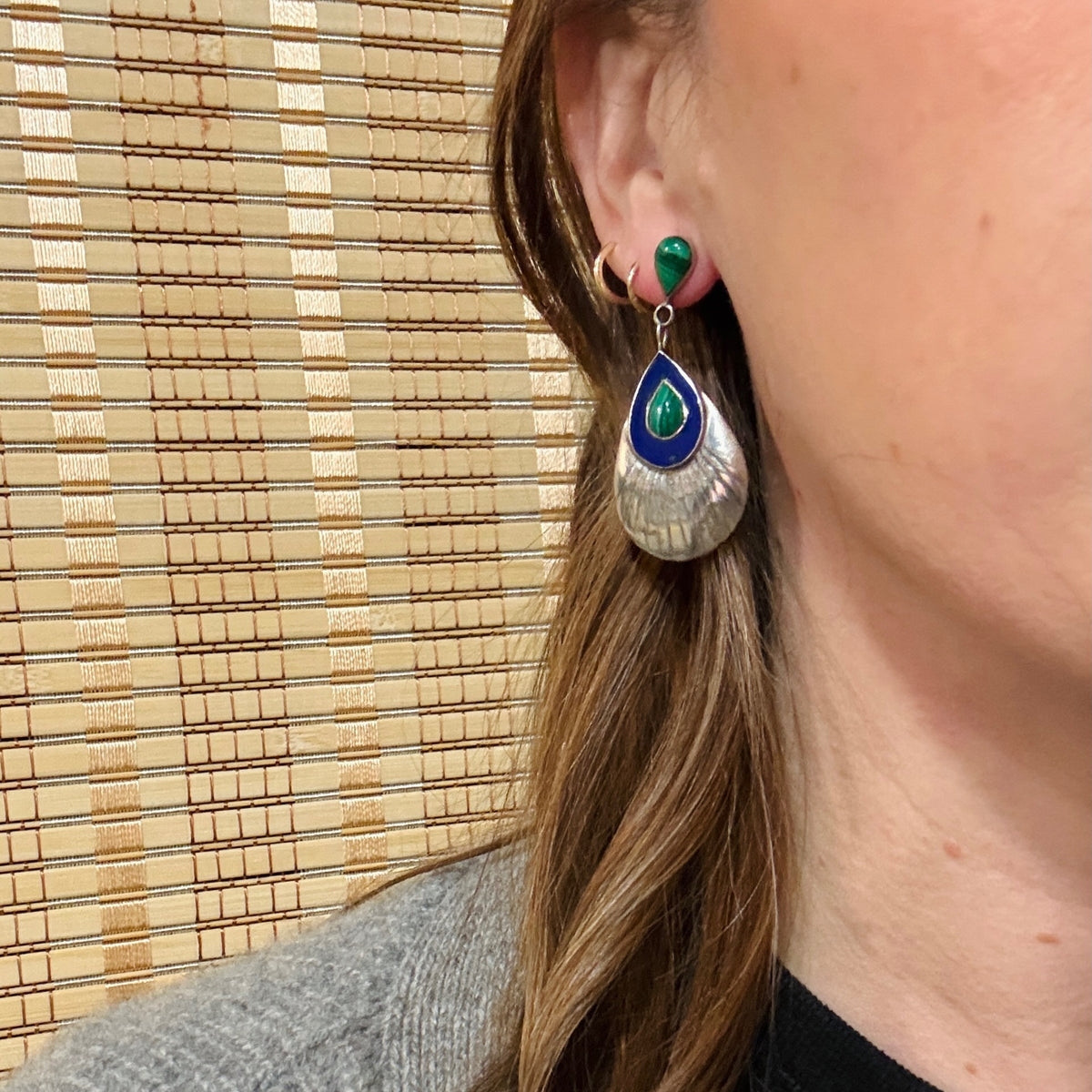 Peacock Feather Earrings with Lapis & Malachite Eyes