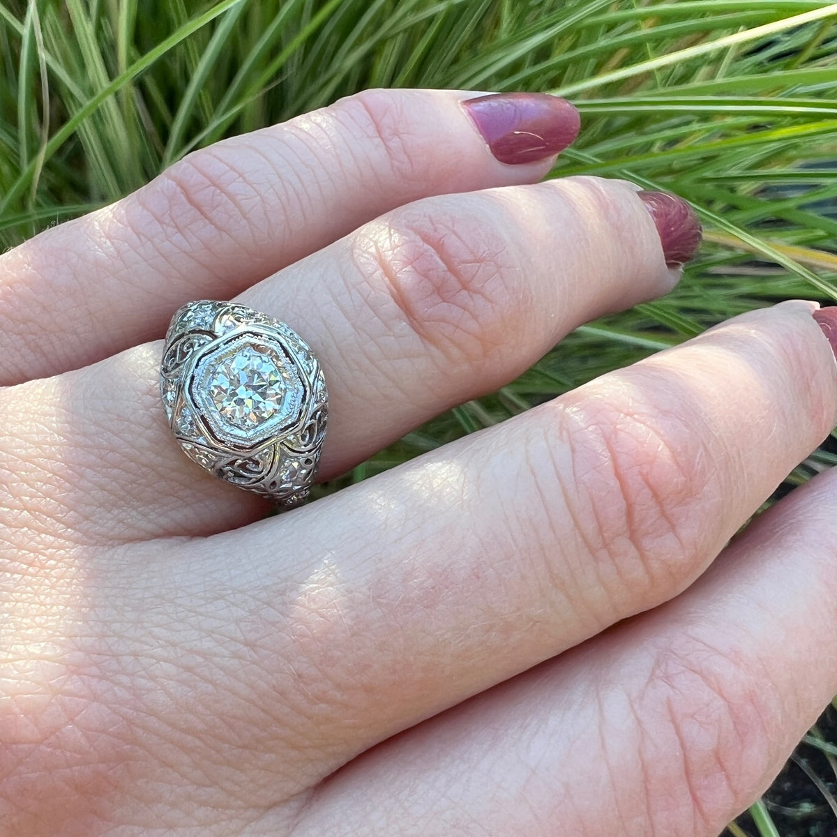 Delicious Diamond-Spangled Platinum Filigree Dome Ring