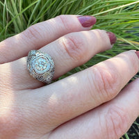 Delicious Diamond-Spangled Platinum Filigree Dome Ring