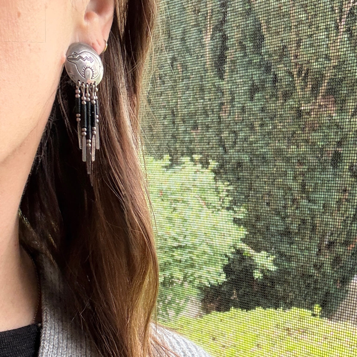 Zuni Bear Shield Earrings with Silver & Onyx Fringe