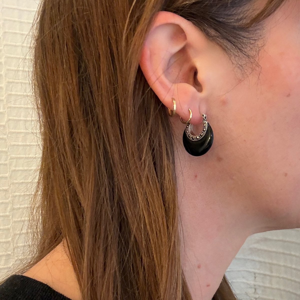 Chic Onyx & Sterling Hoops with Marcasite Accents