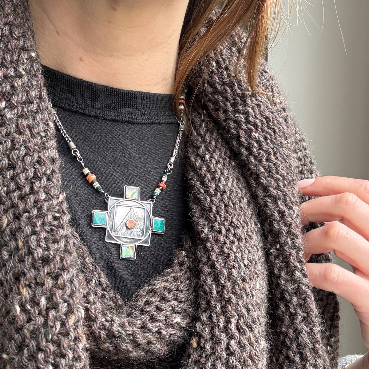 Inlaid Sterling Pendant on Beaded Foxtail Chain Necklace