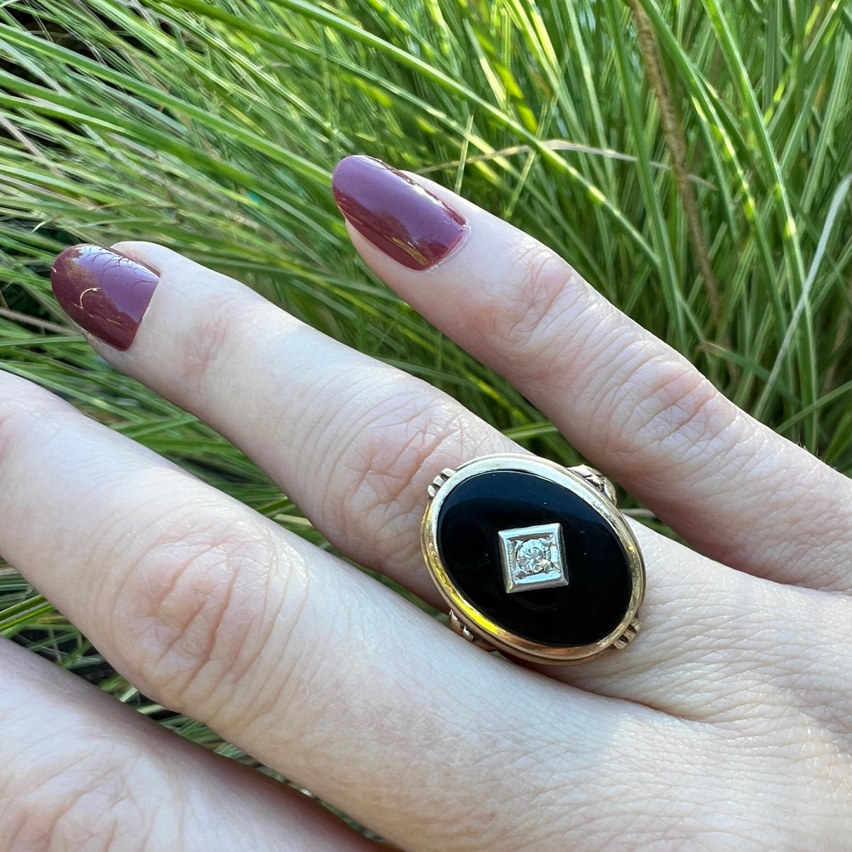 Shapely Diamond Set Onyx & Gold Ring