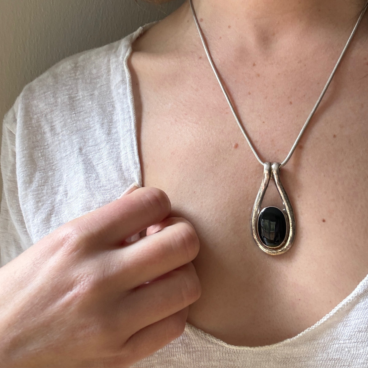 Elegant Onyx & Sterling Silver Pendent on Snake Chain