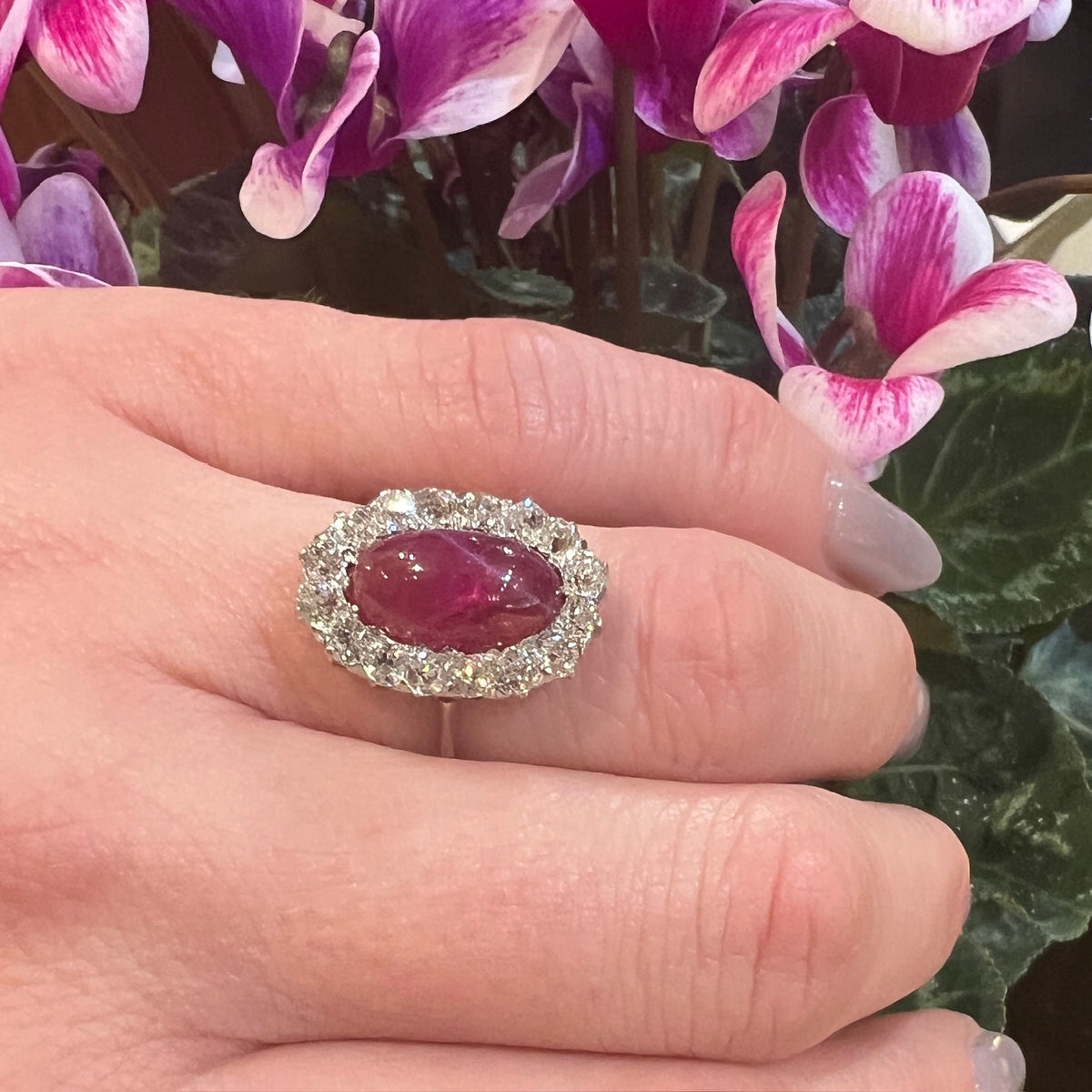 Magnificent Ruby Cabochon in Diamond Halo Ring