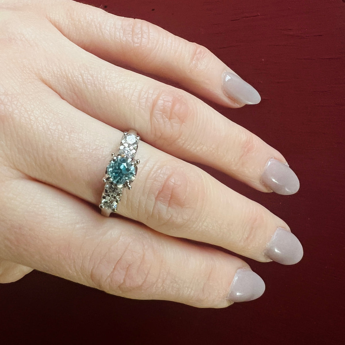 Crisp Mid-Century Natural Blue Zircon & Diamond Ring