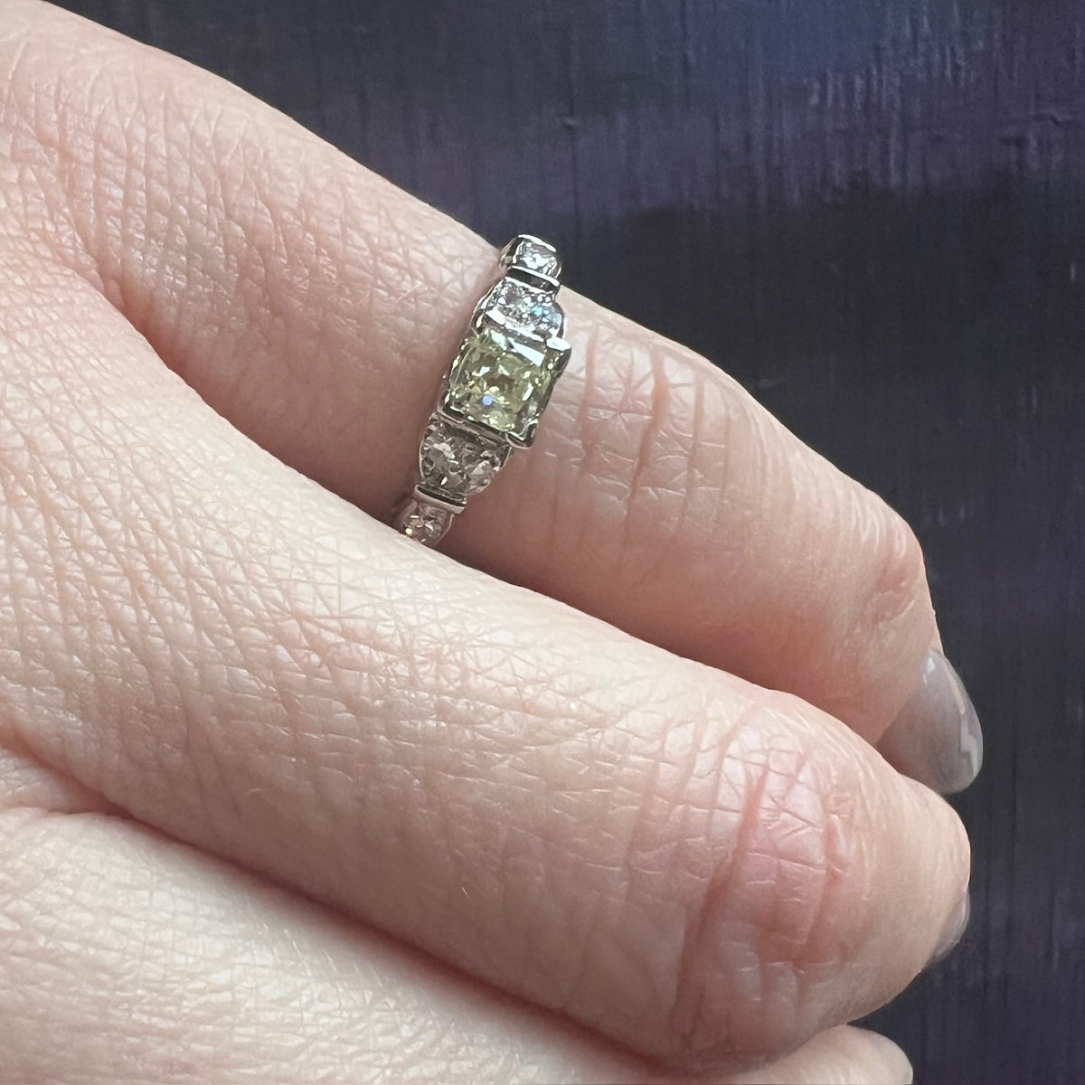 Fancy Yellow Old Mine Cushion Cut Diamond in Art Deco Engagement Ring