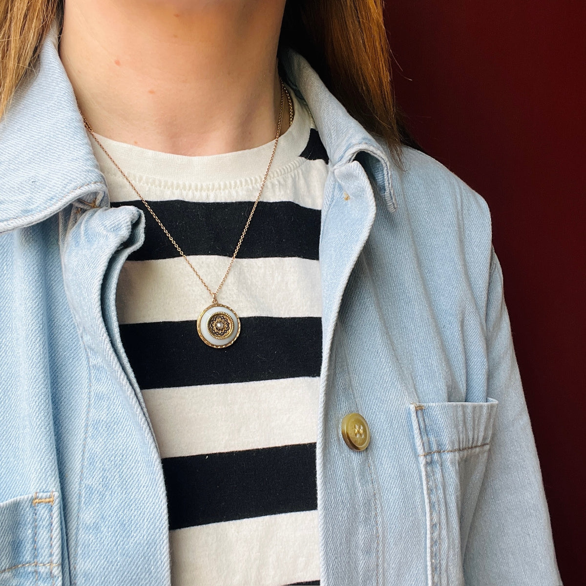 Pale Blue Agate Pendant in Engraved & Enameled Gold