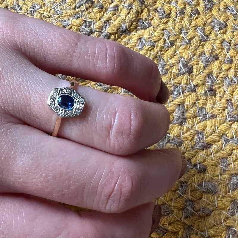 Velvety Blue Sapphire & Diamond Halo Two-Tone Ring