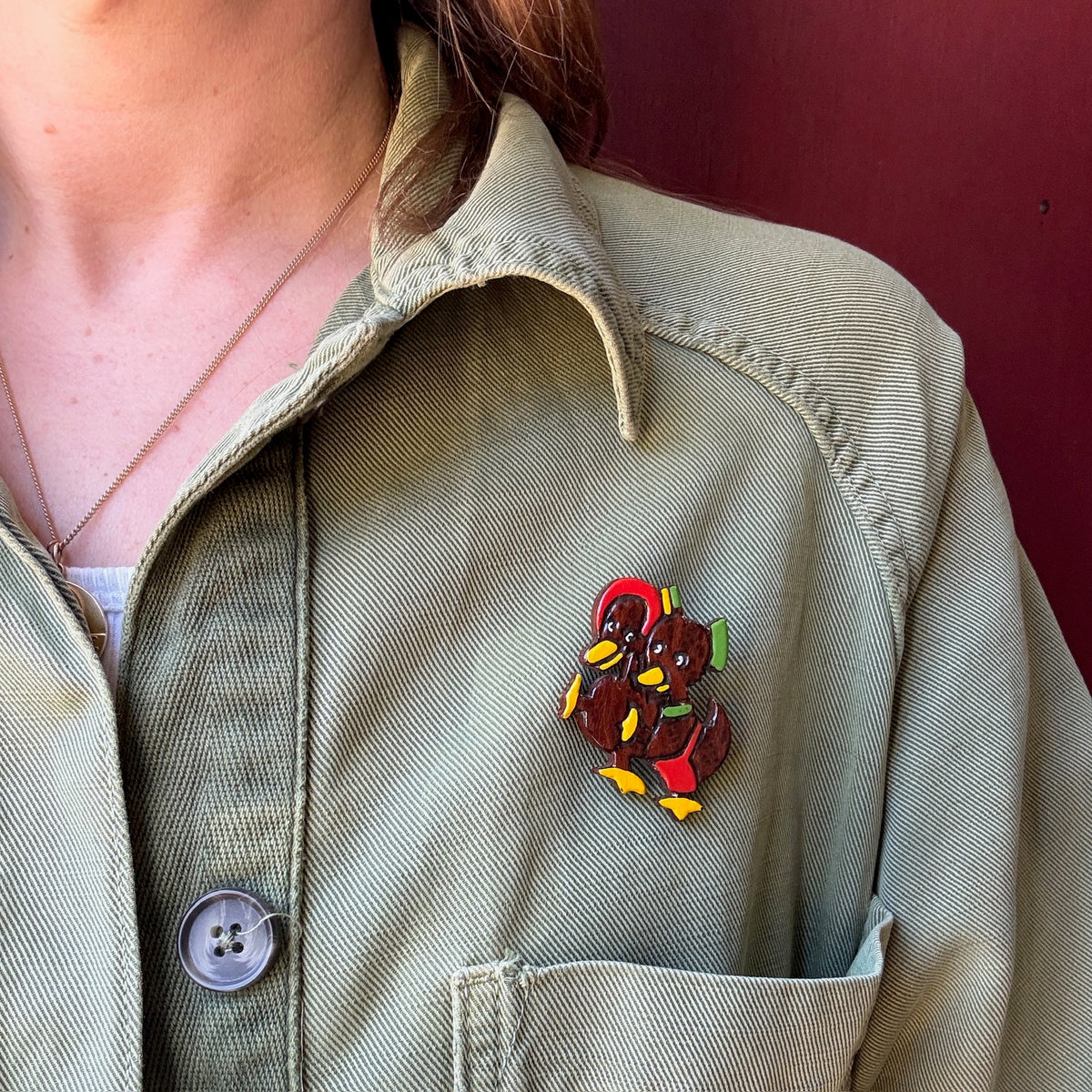 Whimsical Wooden Duck Couple Brooch