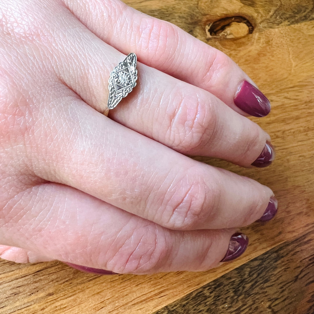 Lacy Art Deco Diamond Navette Ring in Platinum & 18ct