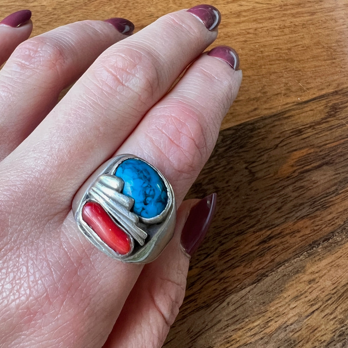 Bright Coral & Turquoise in Sterling Ring