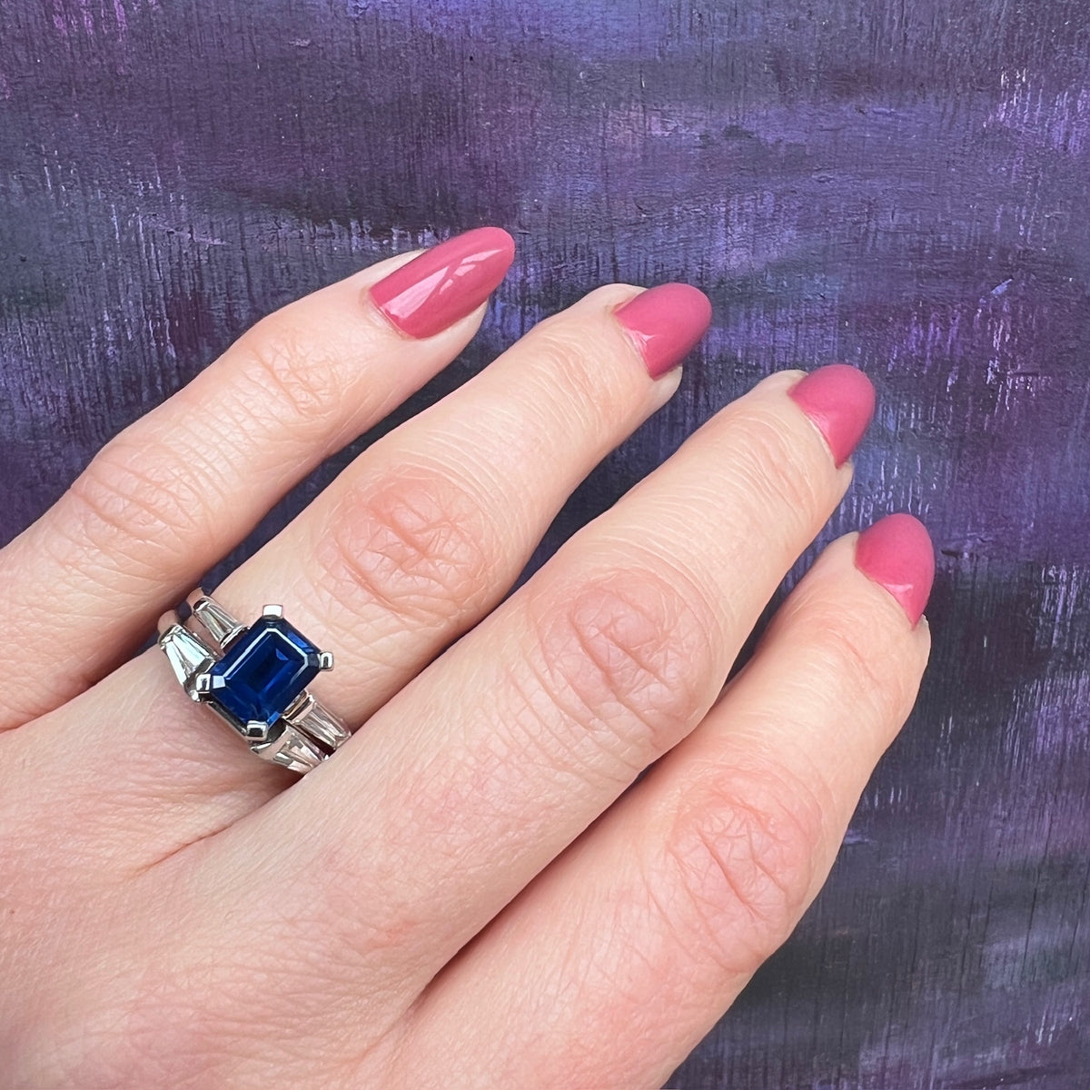 Sapphire and Diamond Platinum Engagement Ring and Band