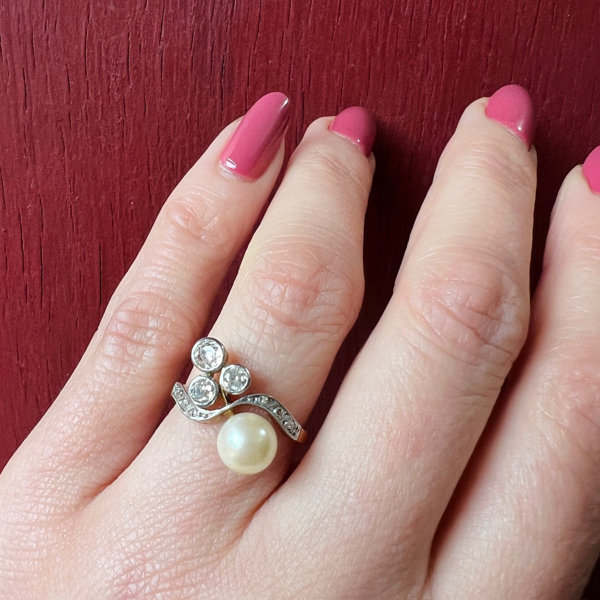 Antique Rose & Old Mine Cut Diamonds and Pearl Ring