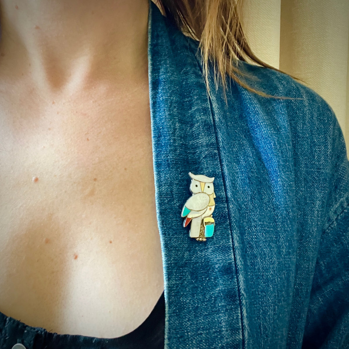 Zuni Inlay Great Horned Owl Brooch