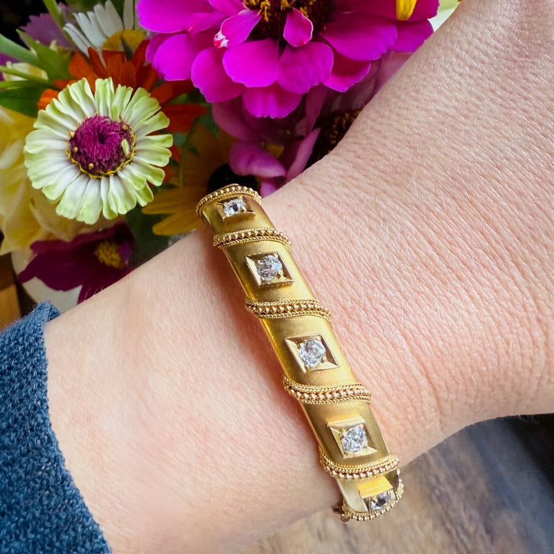 Five Old Mine Cut Diamonds in 14k Gold Victorian Bangle