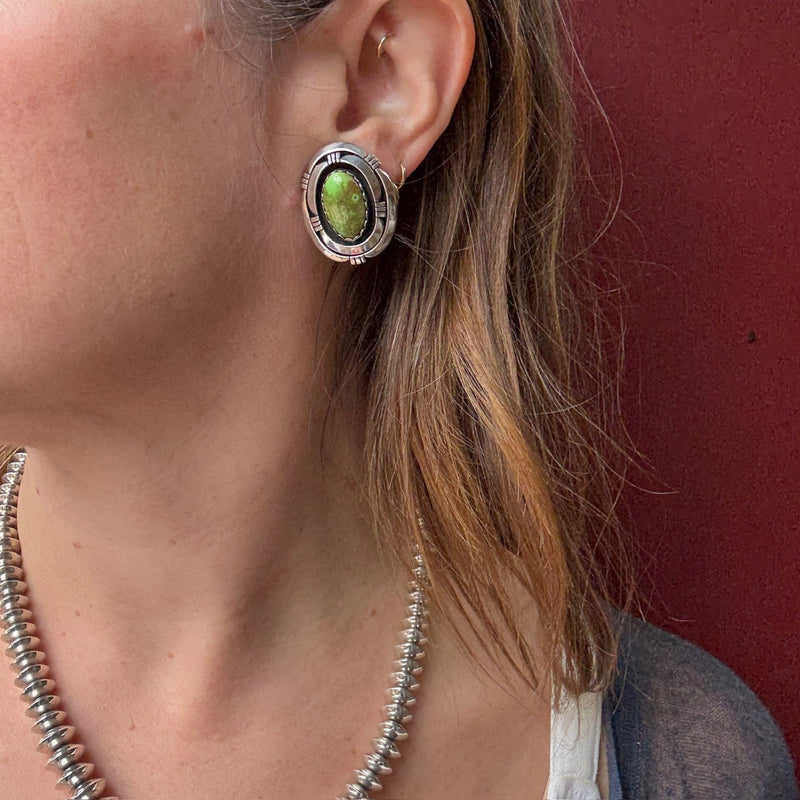 Gorgeous Green Turquoise in Graphic Silver Earrings