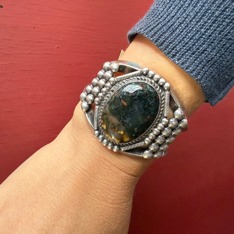 Remarkable Jasper & Coin Silver Cuff Bracelet
