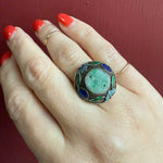 Exquisite Jade & Enamel Chinese Silver Gilt Ring