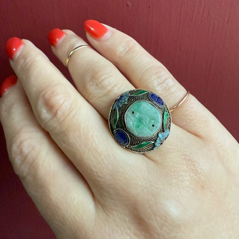 Exquisite Jade & Enamel Chinese Silver Gilt Ring
