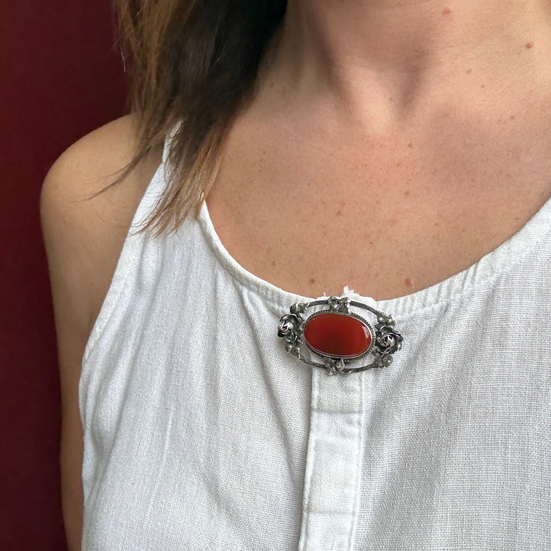 Haunting Blood-Red Carnelian & Silver Rose Brooch