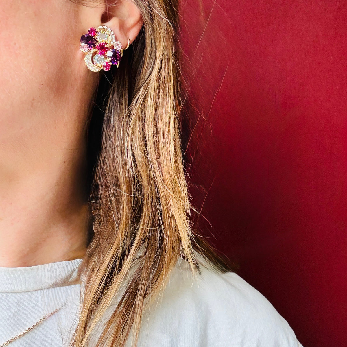 Flashing Pinks & Purples Rhinestone Earrings by Kramer