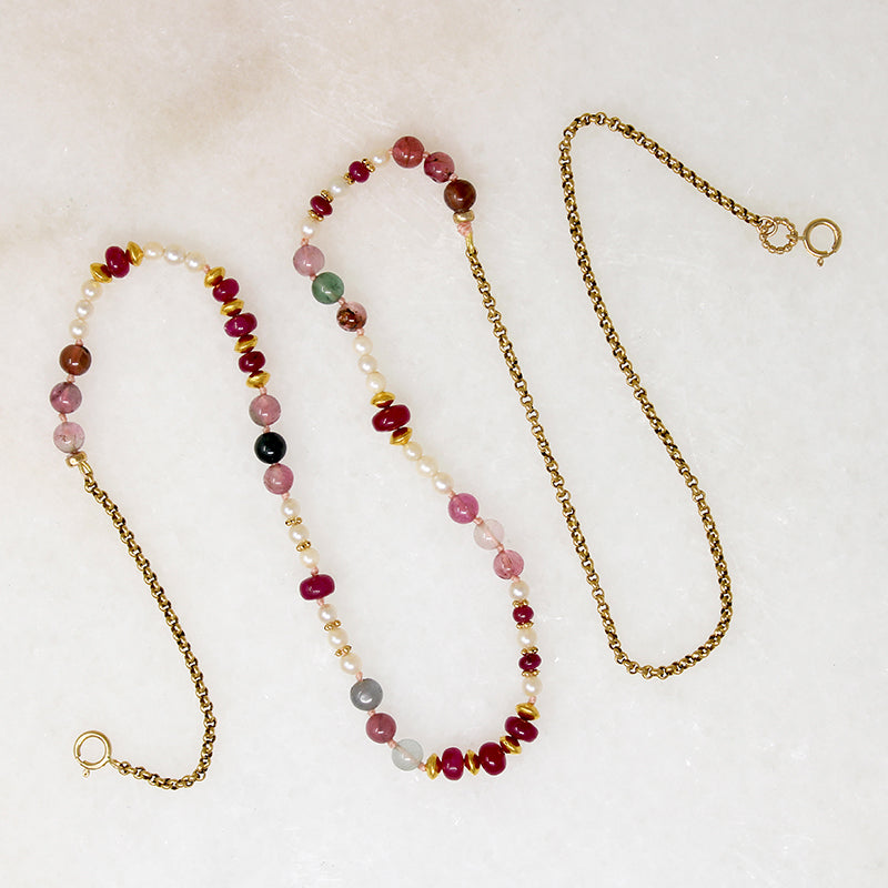 Pearl, Ruby & Tourmaline on 18k Gold Necklace by Ancient Influences