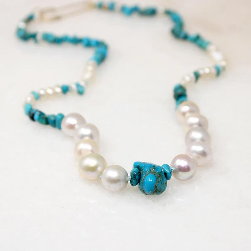 Turquoise & Pearl Necklace with Safety Pin by Ancient Influences