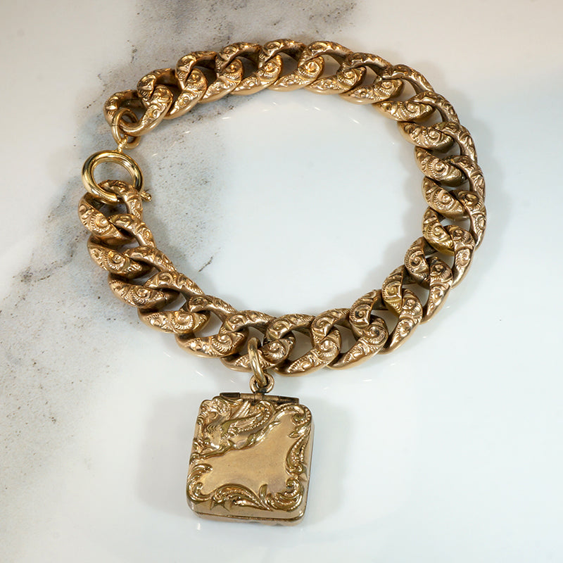 Chunky Engraved Curb Bracelet with Griffon Locket