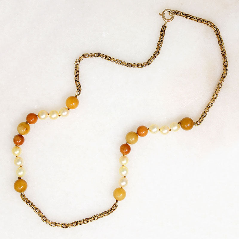 English Chain Necklace with Pearl & Autumnal Jade by Ancient Influences