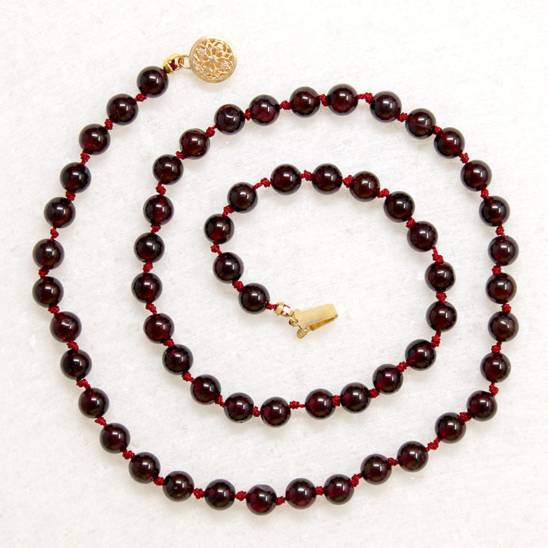 Glossy Garnet Beads on Red Silk 14" Necklace