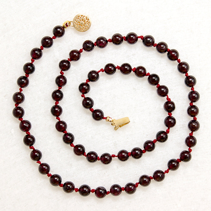 Glossy Garnet Beads on Red Silk 14" Necklace