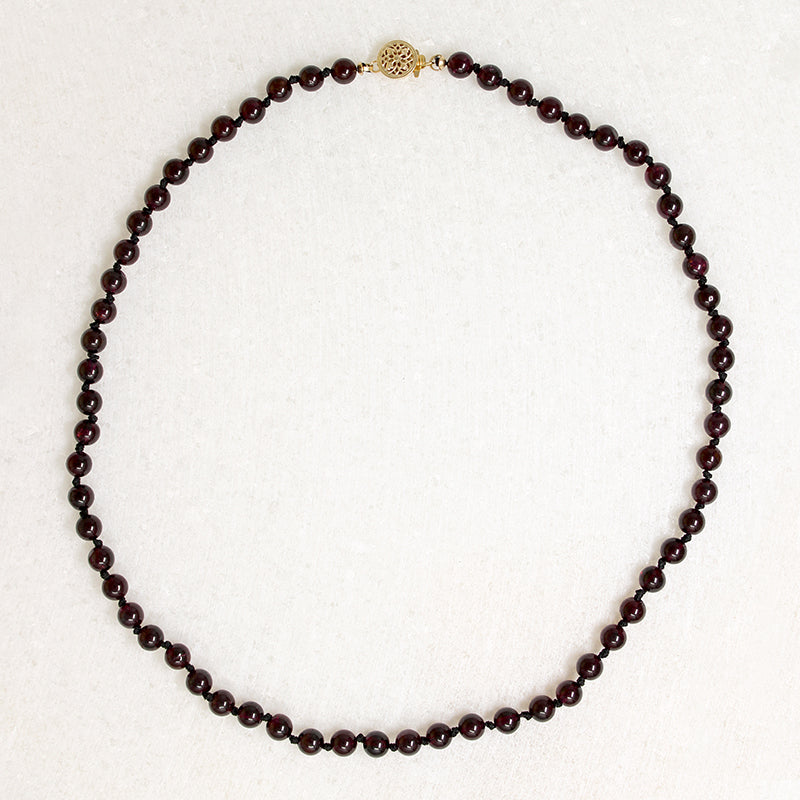 Moody Garnet Beads & Black Silk 14" Necklace