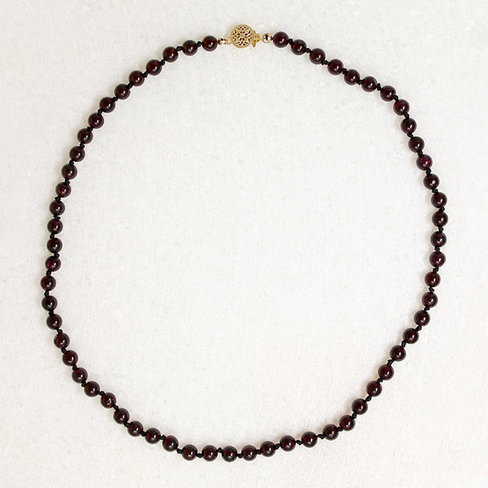 Moody Garnet Beads & Black Silk 14" Necklace
