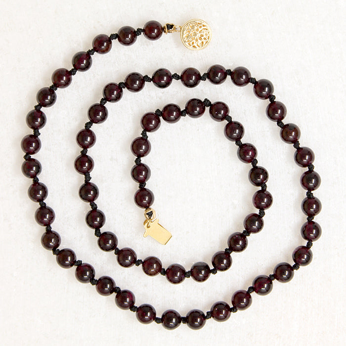 Moody Garnet Beads & Black Silk 14" Necklace