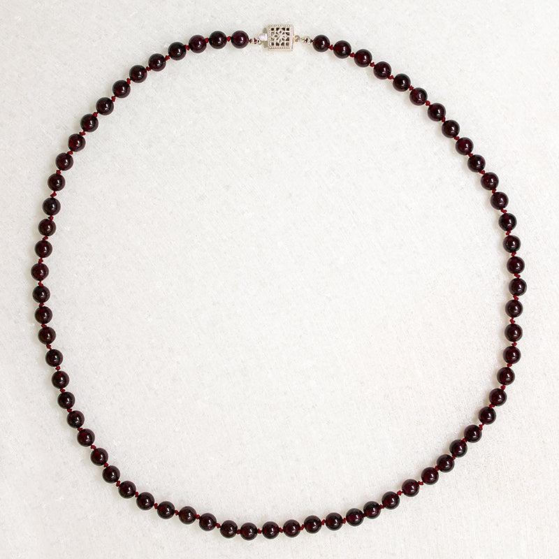 Round Garnet Beads on Scarlet Silk 21" Necklace