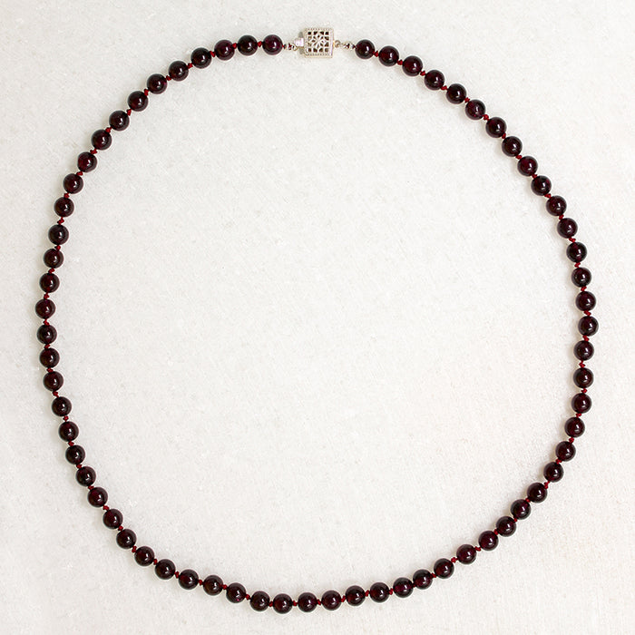 Round Garnet Beads on Scarlet Silk 21" Necklace